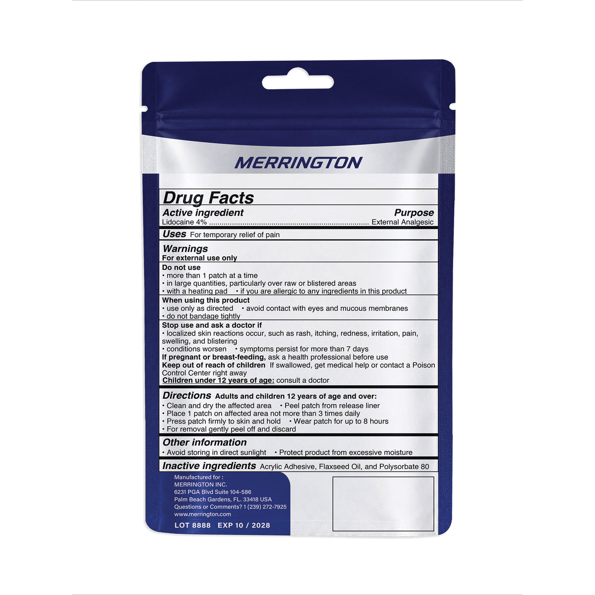Merrington Sports 4% Lidocaine Pain Relief Patch