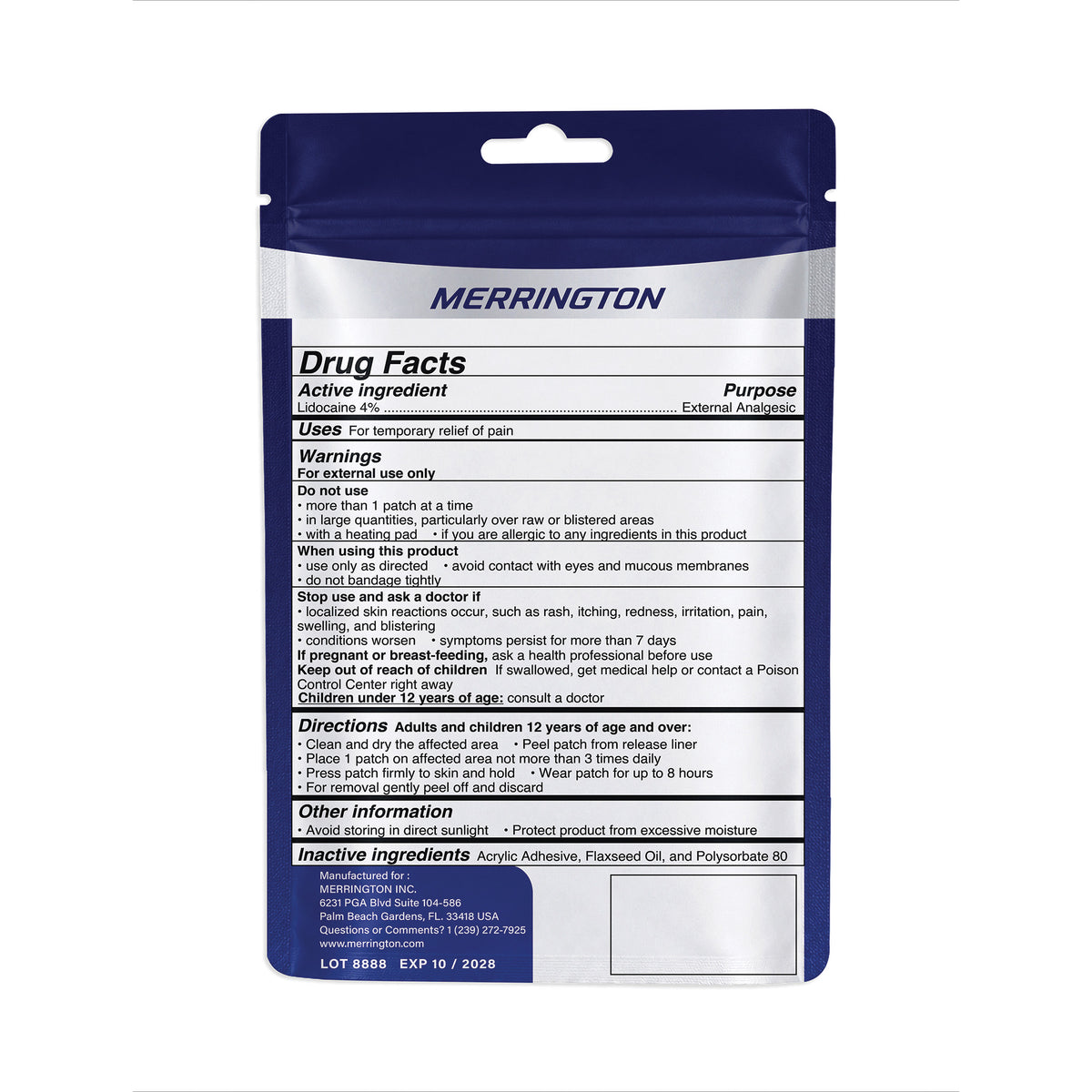 Merrington Hockey 4% Lidocaine Pain Relief Patch